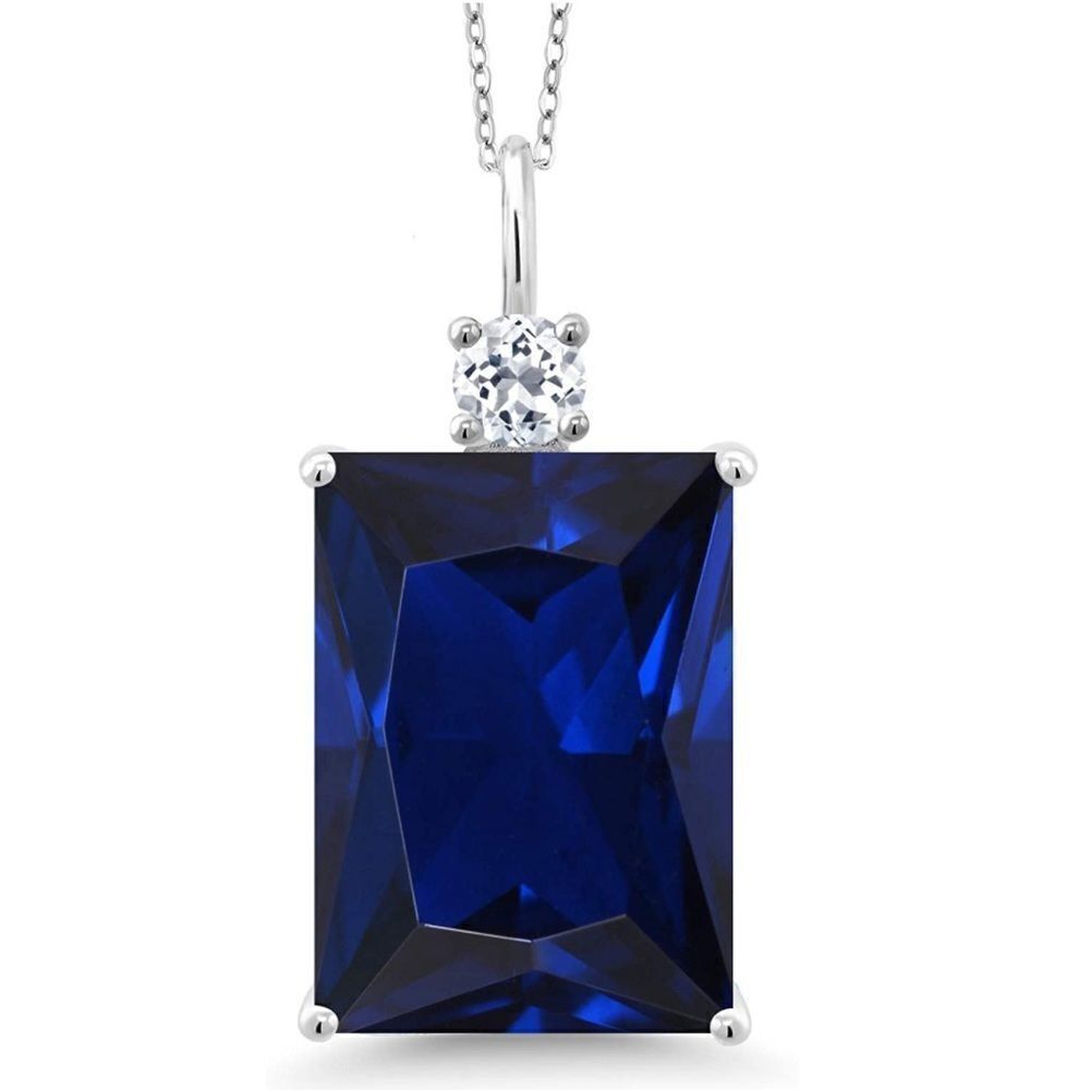 .925 Sterling Silver and Blue Sapphire and White Topaz Pendant Chain Necklace
